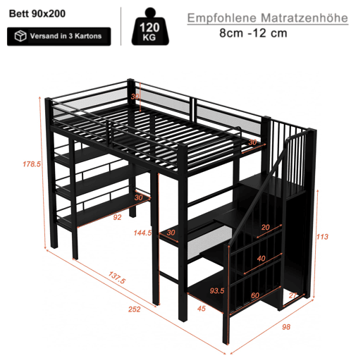 Cama alta 90x200 - com luz LED, tomada, prateleira e estante, multifuncional - preta