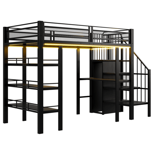 Cama alta 90x200 - com luz LED, tomada, prateleira e estante, multifuncional - preta