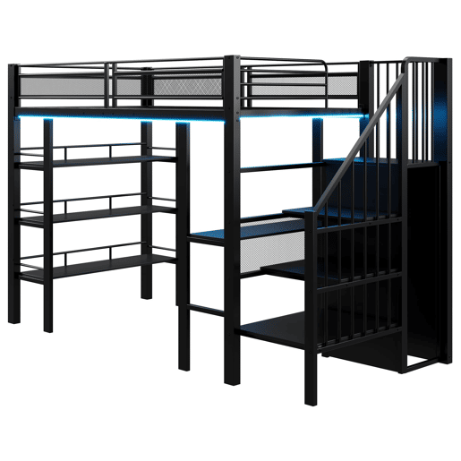Cama alta 90x200 - com luz LED, tomada, prateleira e estante, multifuncional - preta