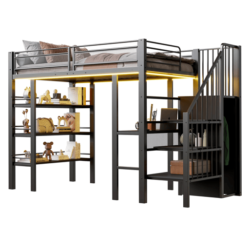 Cama alta 90x200 - com luz LED, tomada, prateleira e estante, multifuncional - preta