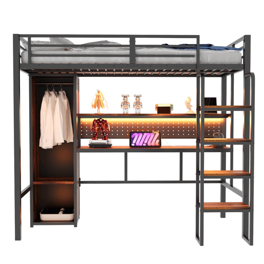 Cama alta metálica 90x200 - secretária, armário, LED e estante - preto