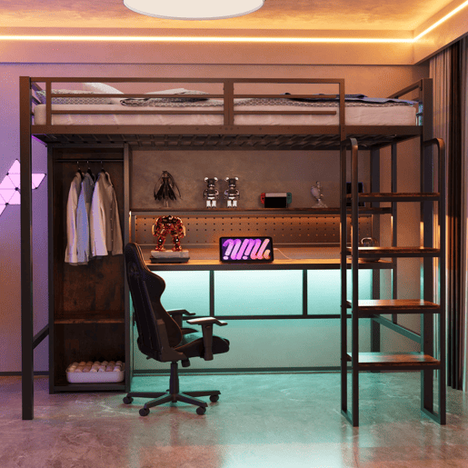 Cama alta metálica 90x200 - secretária, armário, LED e estante - preto