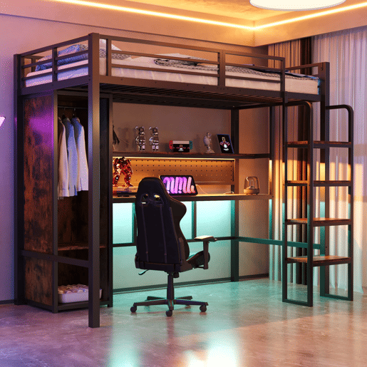 Cama alta metálica 90x200 - secretária, armário, LED e estante - preto