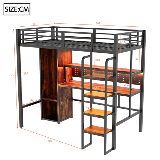 Cama alta metálica 90x200 - secretária, armário, LED e estante - preto