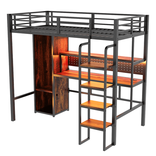 Cama alta metálica 90x200 - secretária, armário, LED e estante - preto