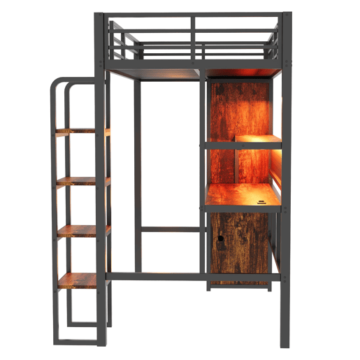 Cama alta metálica 90x200 - secretária, armário, LED e estante - preto