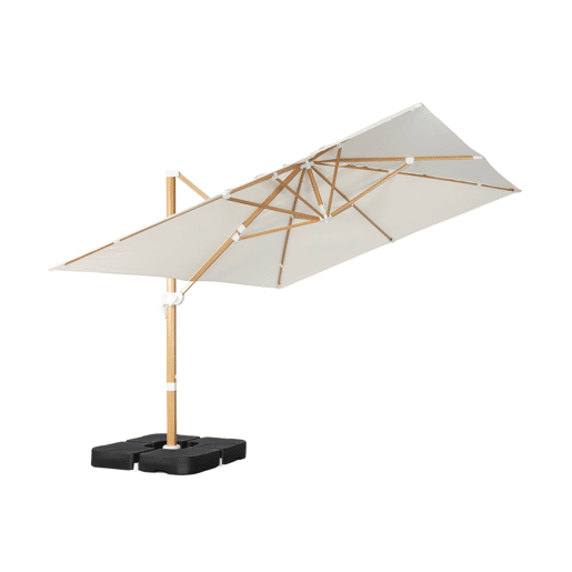 Guarda-sol retangular excêntrico com mastro efeito madeira, 3x4m + placas de peso 50x50cm Cru - 380x259x286 cm