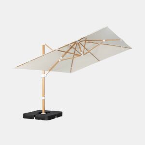 Guarda-sol retangular excêntrico com mastro efeito madeira, 3x4m + placas de peso 50x50cm, Wimereux + Placas de peso, Cru, 380x259x286 cm