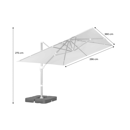Guarda-sol retangular excêntrico com mastro efeito madeira, 3x4m + placas de peso 50x50cm Cru - 380x259x286 cm