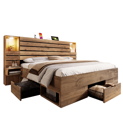Cama de casal 160x200 cm - LED, USB Type-C, mesas de cabeceira suspensas, arrumação - Carvalho