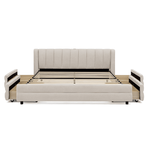Cama de casal 160x200 cm - Armazenamento lateral, USB, Chenille ergonómica - Bege