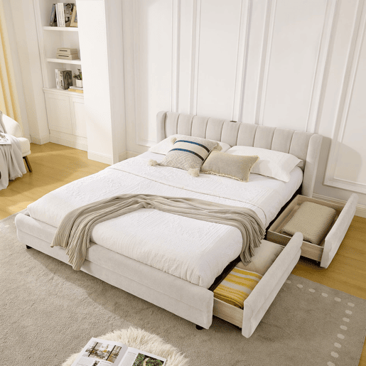 Cama de casal 160x200 cm - Armazenamento lateral, USB, Chenille ergonómica - Bege
