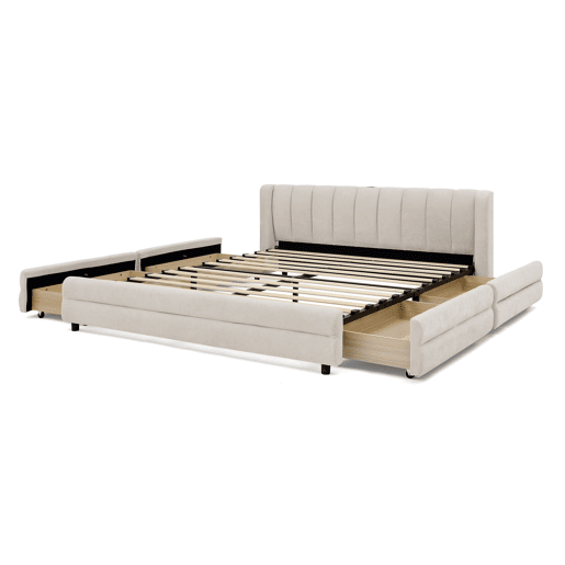 Cama de casal 160x200 cm - Armazenamento lateral, USB, Chenille ergonómica - Bege