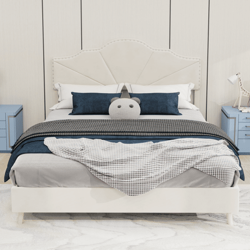 Cama estofada 140x200 - Moderna, cabeceira suave e confortável, funcional - Bege