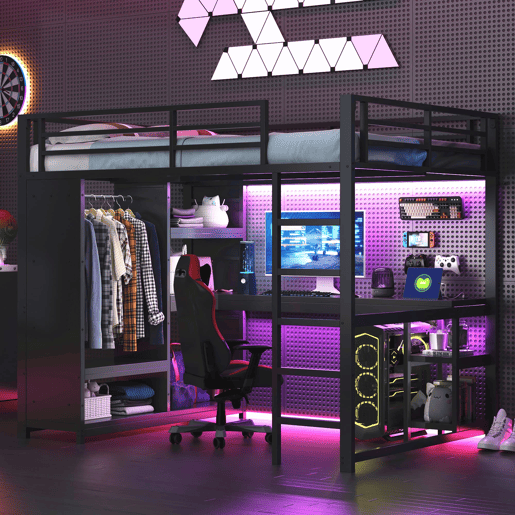 Cama alta para jogos 140x200 - LED, secretária, armário aberto e prateleiras - Preto