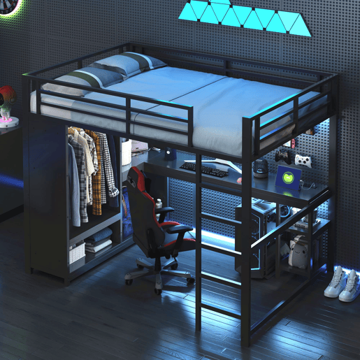 Cama alta para jogos 140x200 - LED, secretária, armário aberto e prateleiras - Preto