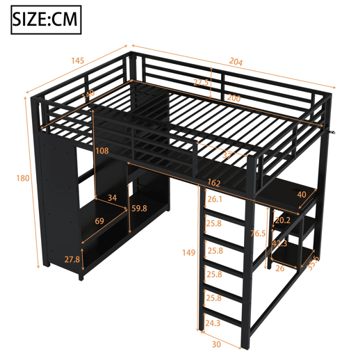 Cama alta para jogos 140x200 - LED, secretária, armário aberto e prateleiras - Preto