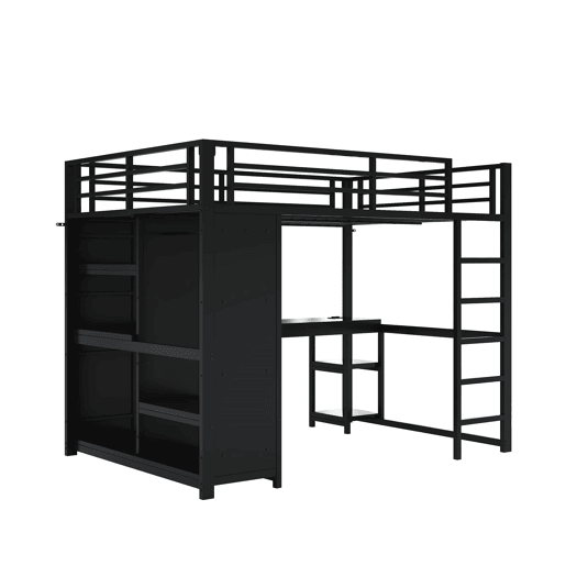 Cama alta para jogos 140x200 - LED, secretária, armário aberto e prateleiras - Preto