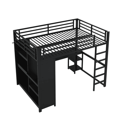 Cama alta para jogos 140x200 - LED, secretária, armário aberto e prateleiras - Preto
