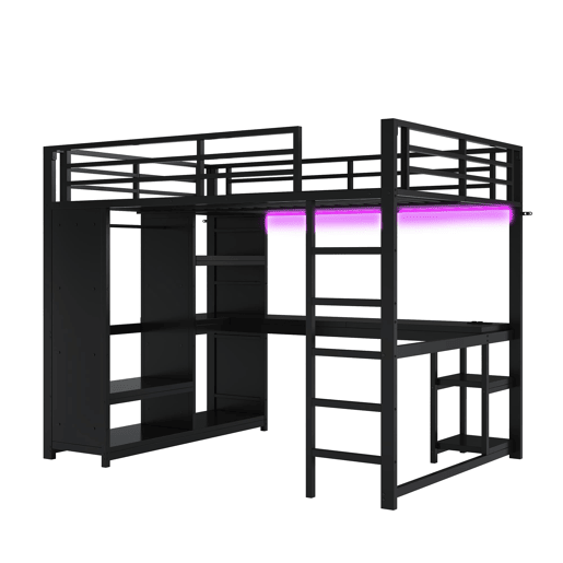 Cama alta para jogos 140x200 - LED, secretária, armário aberto e prateleiras - Preto