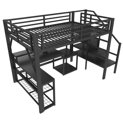 Cama alta 140x200 - com secretária, LED, USB e arrumação - Preto
