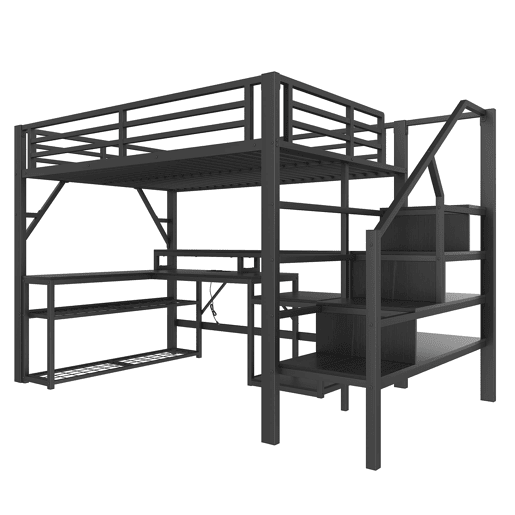 Cama alta 140x200 - com secretária, LED, USB e arrumação - Preto