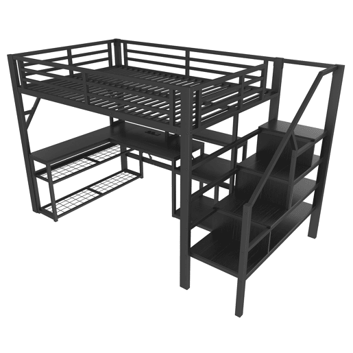 Cama alta 140x200 - com secretária, LED, USB e arrumação - Preto