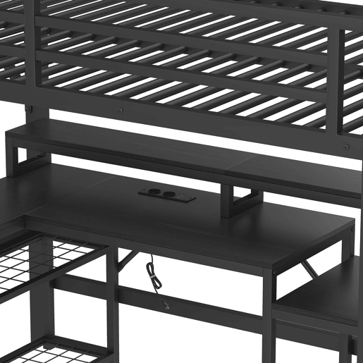 Cama alta 140x200 - com secretária, LED, USB e arrumação - Preto
