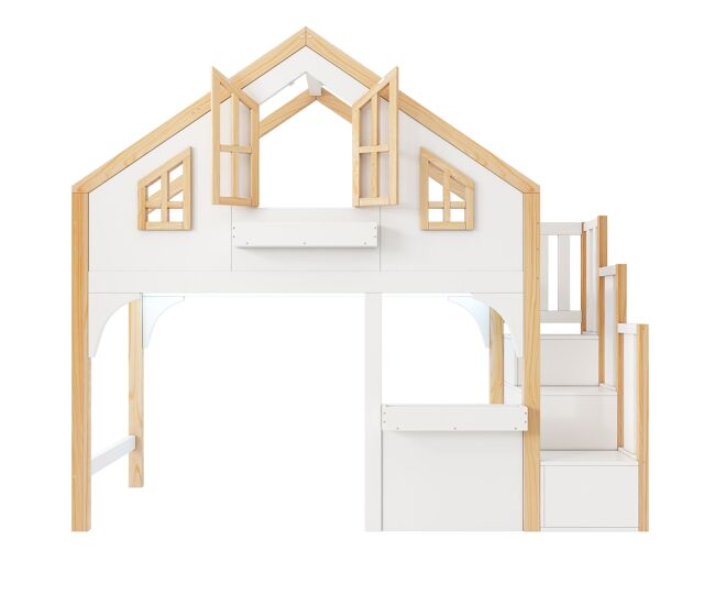 Litera infantil 90x200 cm - estilo casa con led y escalera con almacenamiento - blanco/natural