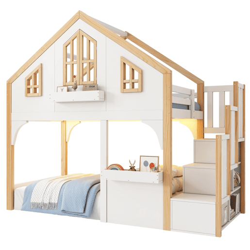 Beliche infantil 90x200 cm - estilo casa com LED e escada com arrumação - branconatural