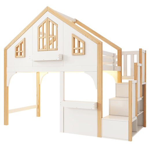 Beliche infantil 90x200 cm - estilo casa com LED e escada com arrumação - branconatural