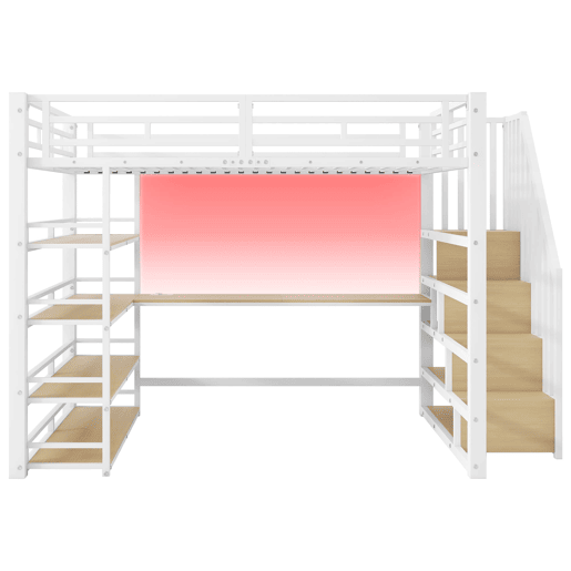 Cama alta metálica 140x200 - com escada, secretária, arrumação, USB e LED - Branco