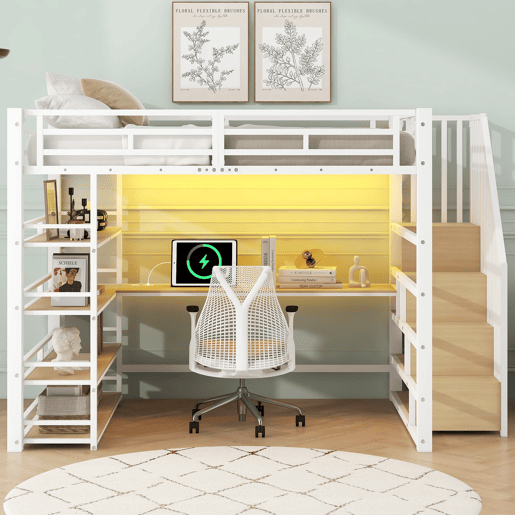 Cama alta metálica 140x200 - com escada, secretária, arrumação, USB e LED - Branco