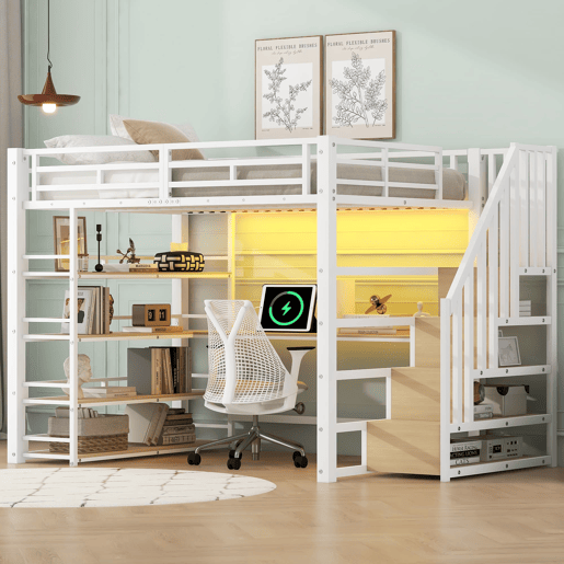 Cama alta metálica 140x200 - com escada, secretária, arrumação, USB e LED - Branco