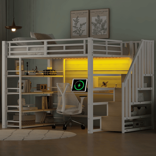 Cama alta metálica 140x200 - com escada, secretária, arrumação, USB e LED - Branco