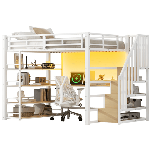 Cama alta metálica 140x200 - com escada, secretária, arrumação, USB e LED - Branco