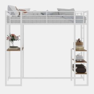 Cama infantil com secretária L - estrutura em ferro, grade e escada - branco