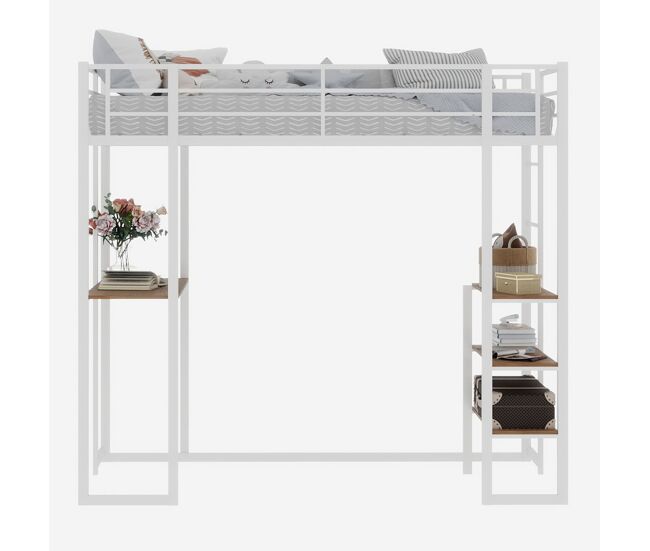 Cama infantil con escritorio l - estructura de hierro, barandilla y escalera - blanco