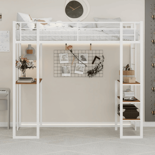 Cama infantil com secretária L - estrutura em ferro, grade e escada - branco