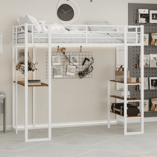 Cama infantil com secretária L - estrutura em ferro, grade e escada - branco