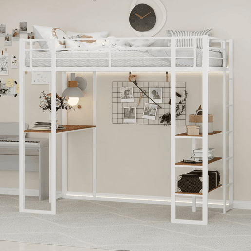Cama infantil com secretária L - estrutura em ferro, grade e escada - branco