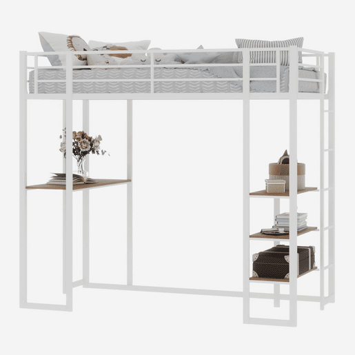 Cama infantil com secretária L - estrutura em ferro, grade e escada - branco