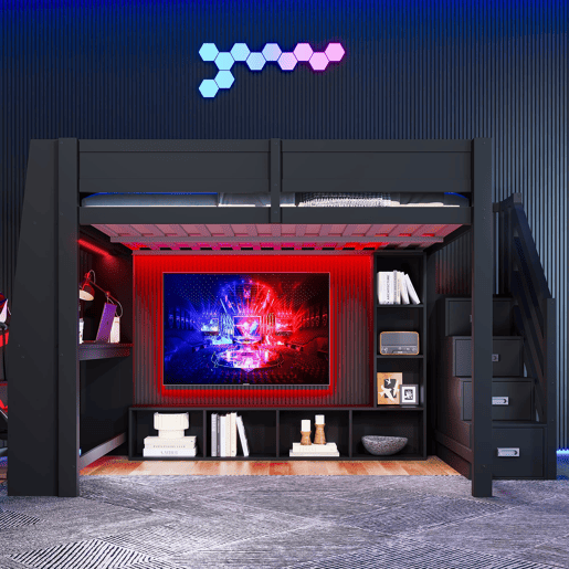 Cama alta 140x200 - secretária, armazenamento múltiplo, LED e escada com espaço - Preto