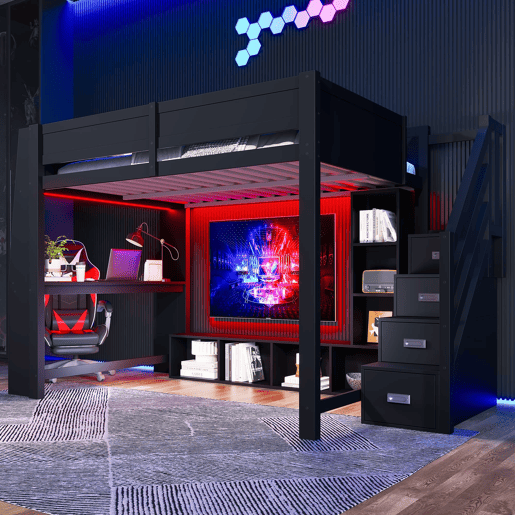 Cama alta 140x200 - secretária, armazenamento múltiplo, LED e escada com espaço - Preto