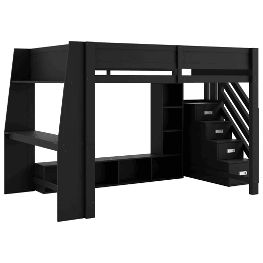 Cama alta 140x200 - secretária, armazenamento múltiplo, LED e escada com espaço - Preto