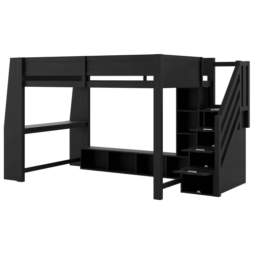 Cama alta 140x200 - secretária, armazenamento múltiplo, LED e escada com espaço - Preto