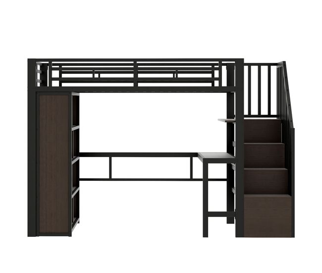 Cama alta 90x200 cm - estructura de hierro con escritorio, estante, led y escalera con almacenaje - negro