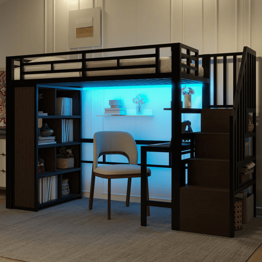 Cama alta 90x200 cm - Estrutura de ferro com secretária, prateleira, LED e escada com arrumação - Preto