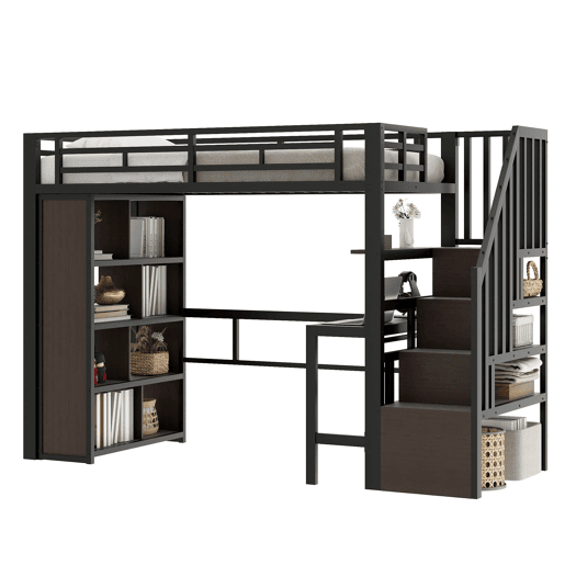 Cama alta 90x200 cm - Estrutura de ferro com secretária, prateleira, LED e escada com arrumação - Preto