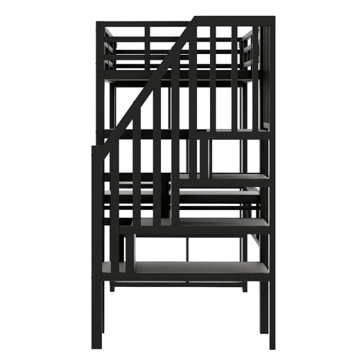 Cama alta 90x200 cm - Estrutura de ferro com secretária, prateleira, LED e escada com arrumação - Preto